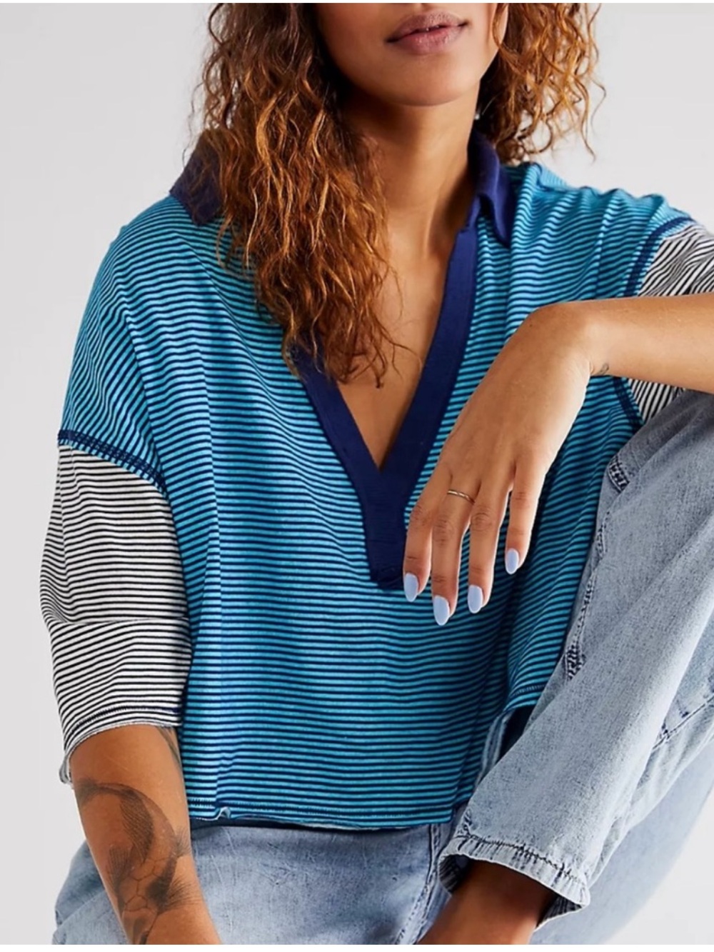 Free People ON A BOAT BOXY POLO TOP SIZE LARGE - Picture 2 of 15